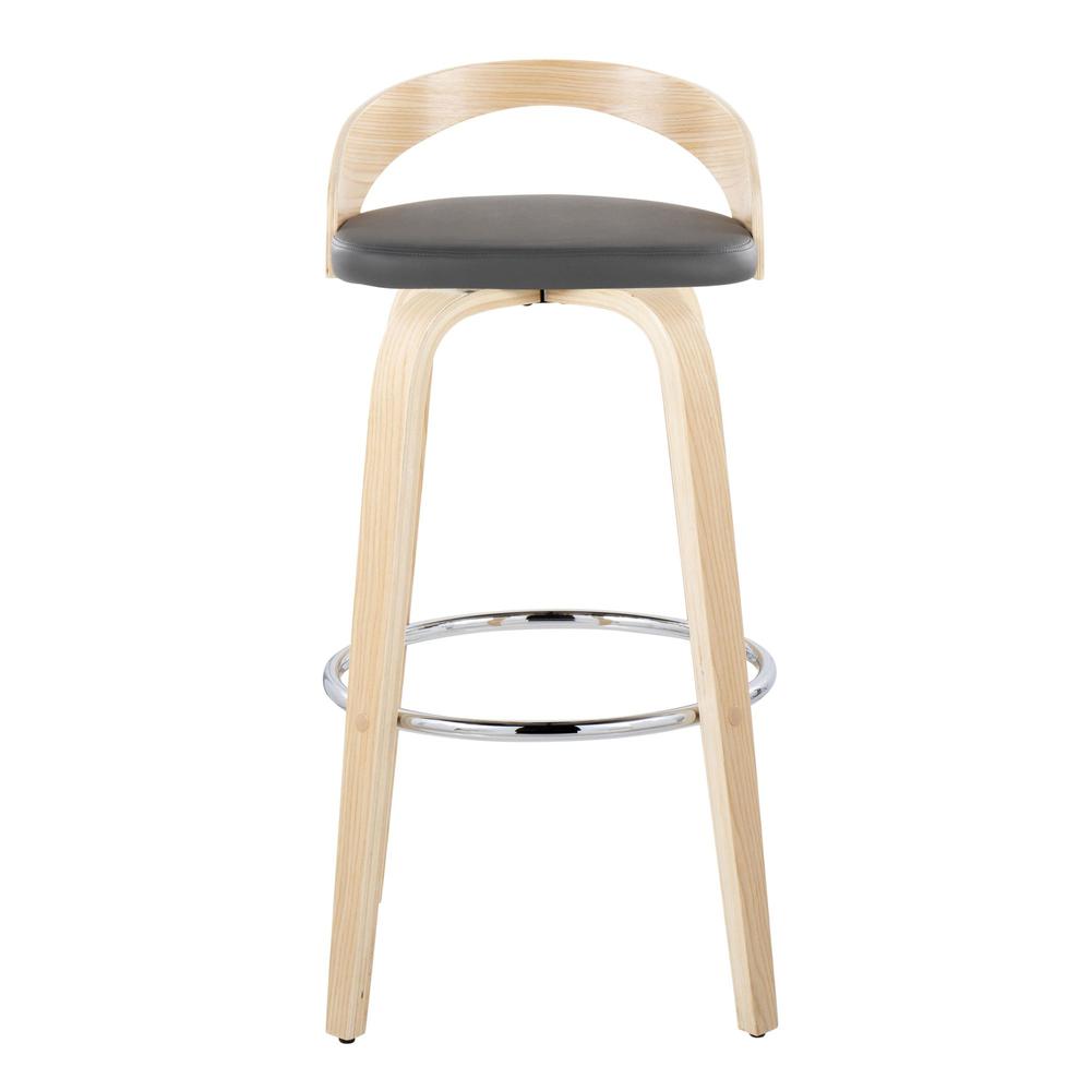 Natural Wood, Grey PU, Chrome Metal Grotto 30" Fixed-Height Barstool - Set of 2. Picture 6