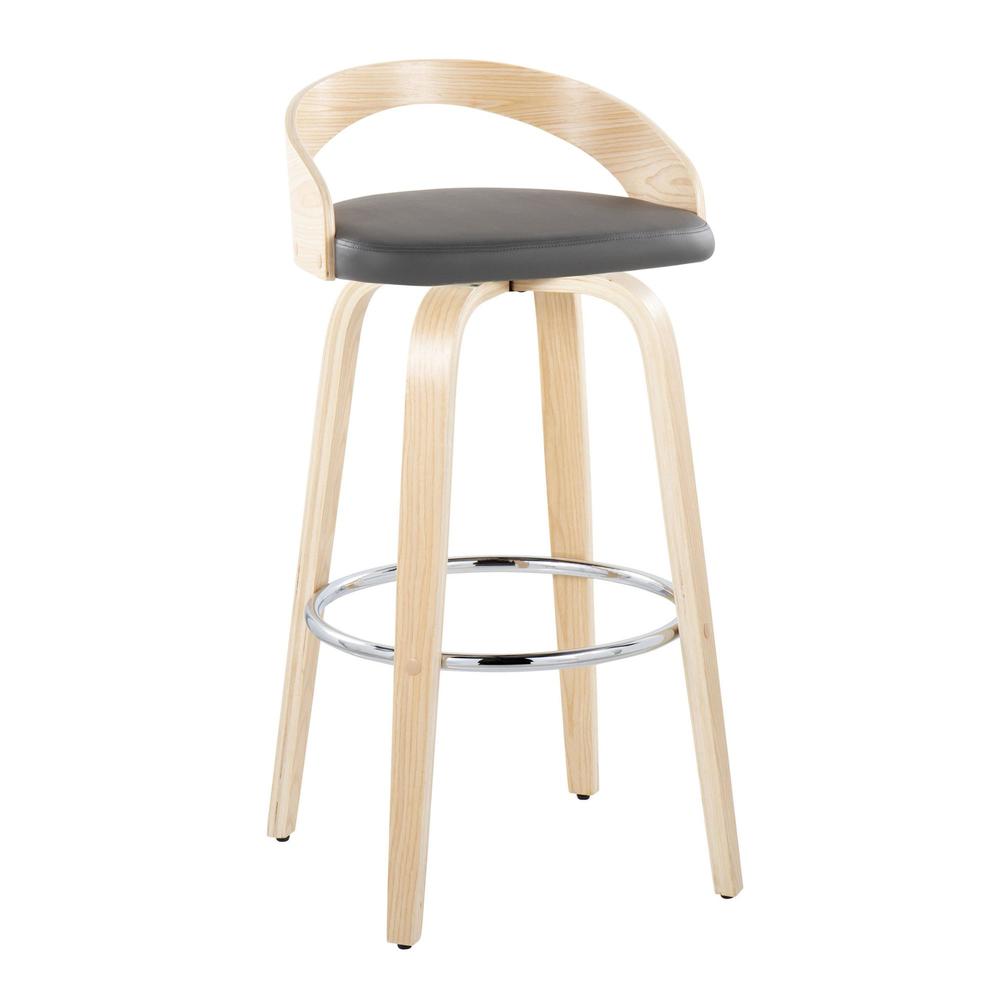 Natural Wood, Grey PU, Chrome Metal Grotto 30" Fixed-Height Barstool - Set of 2. Picture 2