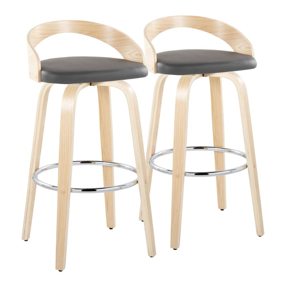 Natural Wood, Grey PU, Chrome Metal Grotto 30" Fixed-Height Barstool - Set of 2. Picture 1