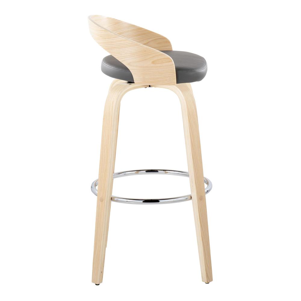 Natural Wood, Grey PU, Chrome Metal Grotto 30" Fixed-Height Barstool - Set of 2. Picture 3