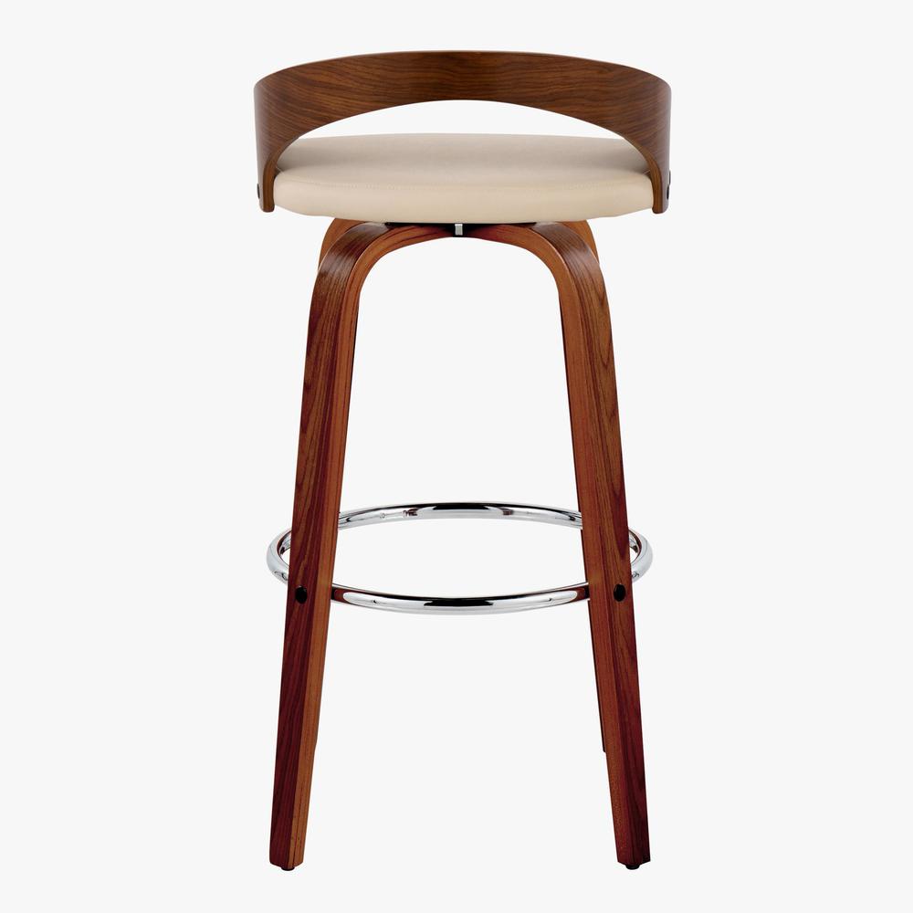 Walnut Wood, Chrome Metal, Cream PU Grotto 30" Fixed-Height Barstool - Set of 2. Picture 5