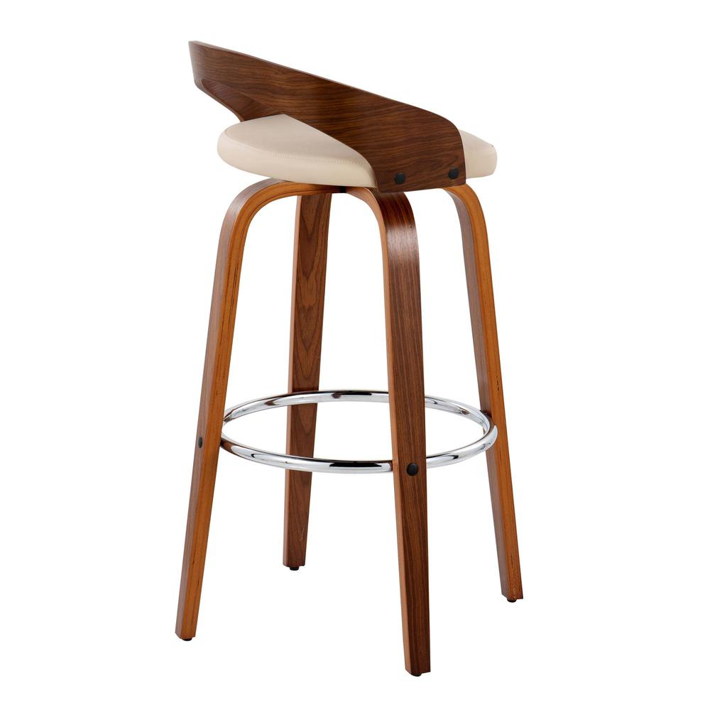 Walnut Wood, Chrome Metal, Cream PU Grotto 30" Fixed-Height Barstool - Set of 2. Picture 4
