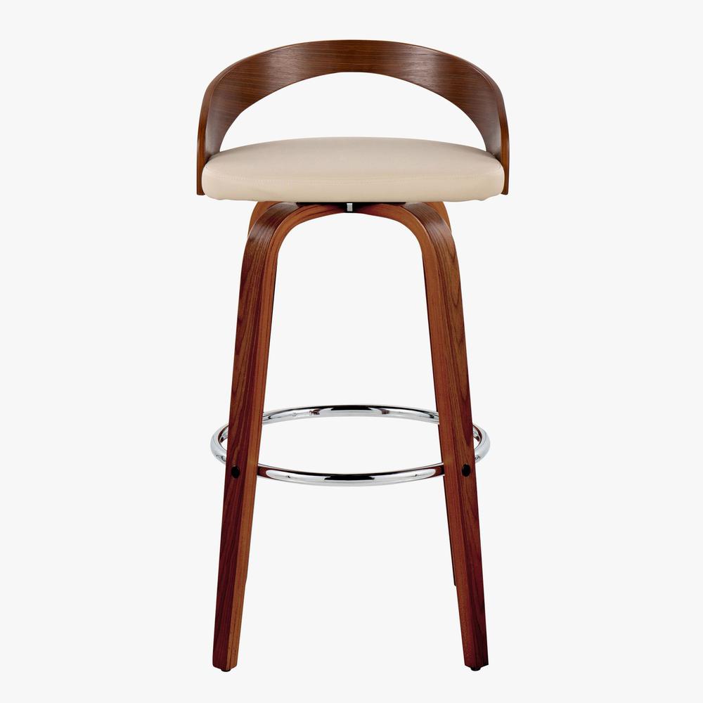 Walnut Wood, Chrome Metal, Cream PU Grotto 30" Fixed-Height Barstool - Set of 2. Picture 6