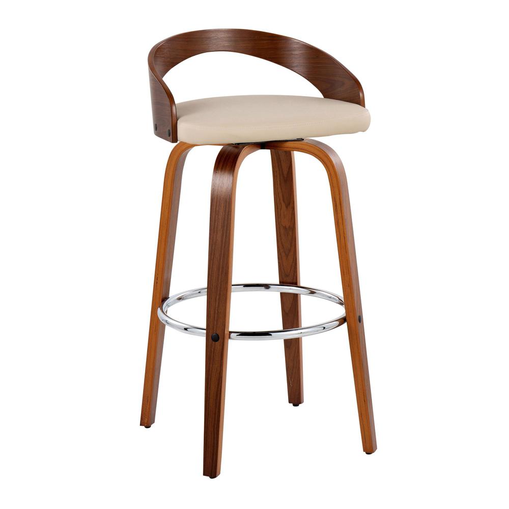 Walnut Wood, Chrome Metal, Cream PU Grotto 30" Fixed-Height Barstool - Set of 2. Picture 2