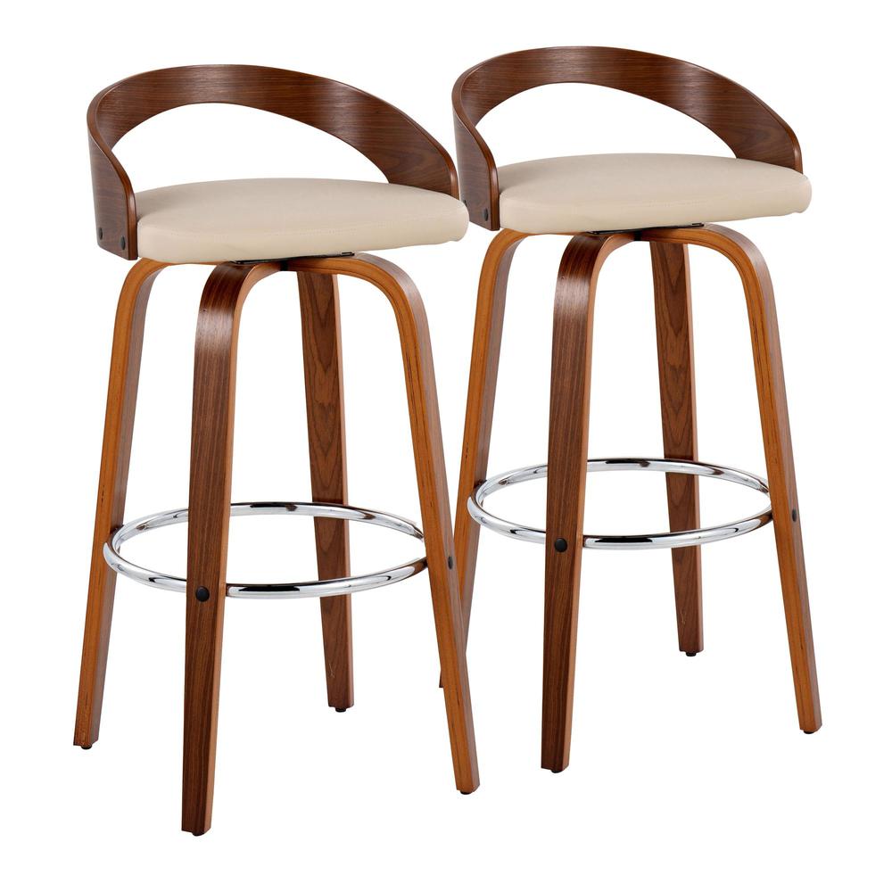 Walnut Wood, Chrome Metal, Cream PU Grotto 30" Fixed-Height Barstool - Set of 2. Picture 1