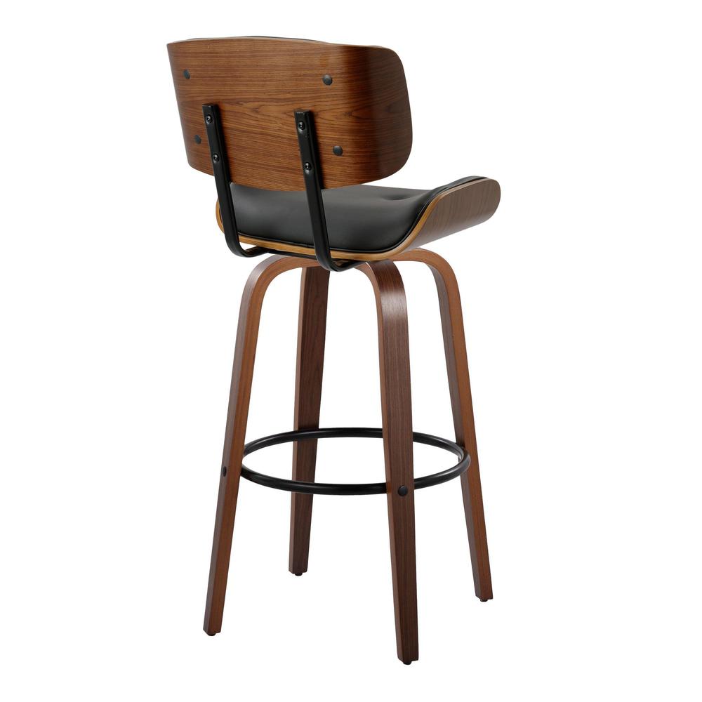 Walnut Wood, Black Metal, Black PU Lombardi 30" Fixed-Height Barstool - Set of 2. Picture 4