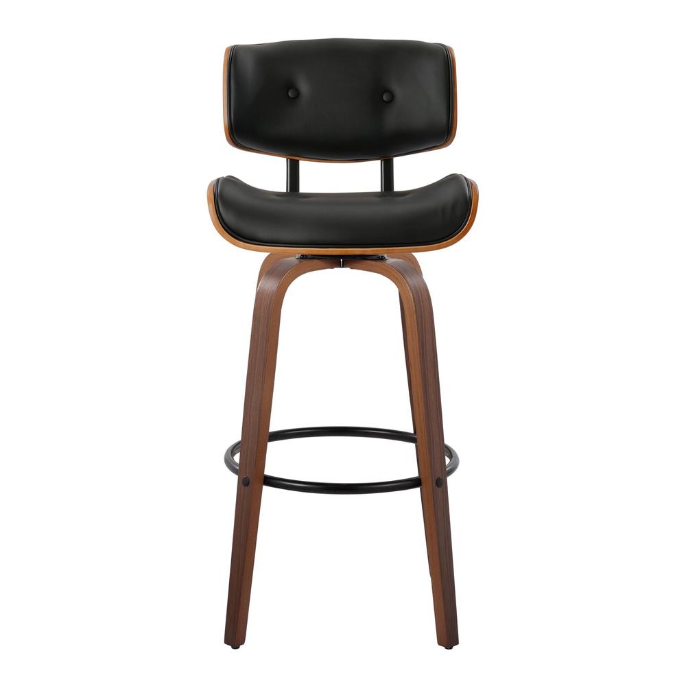 Walnut Wood, Black Metal, Black PU Lombardi 30" Fixed-Height Barstool - Set of 2. Picture 6