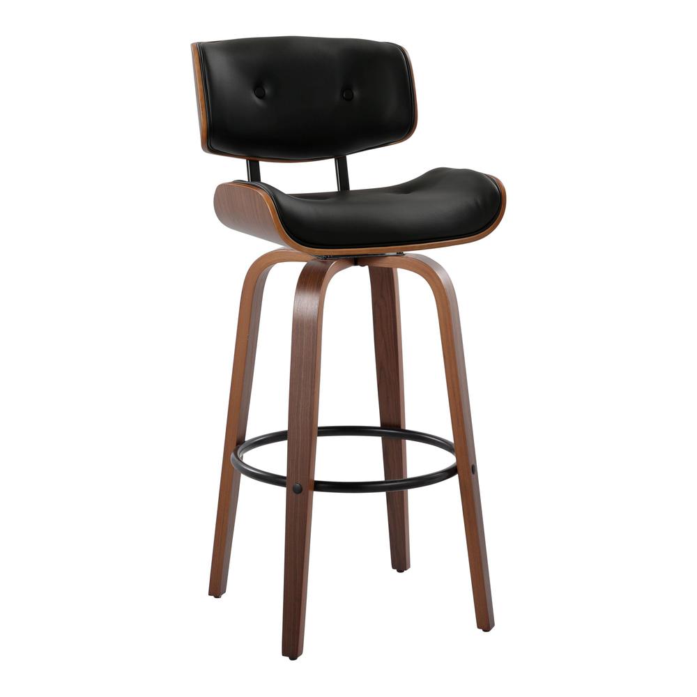 Walnut Wood, Black Metal, Black PU Lombardi 30" Fixed-Height Barstool - Set of 2. Picture 2