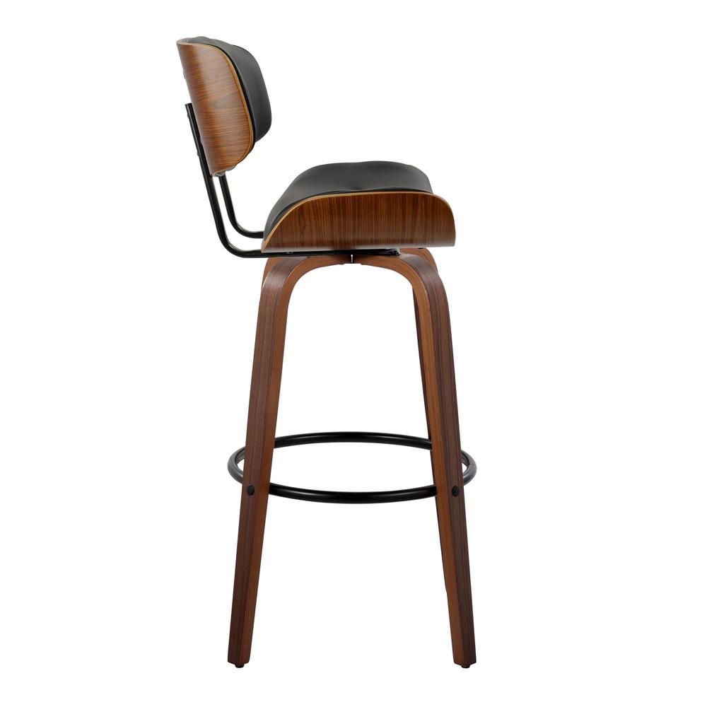 Walnut Wood, Black Metal, Black PU Lombardi 30" Fixed-Height Barstool - Set of 2. Picture 3