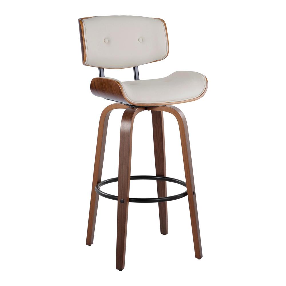 Walnut Wood, Black Metal, Cream PU Lombardi 30" Fixed-Height Barstool - Set of 2. Picture 2
