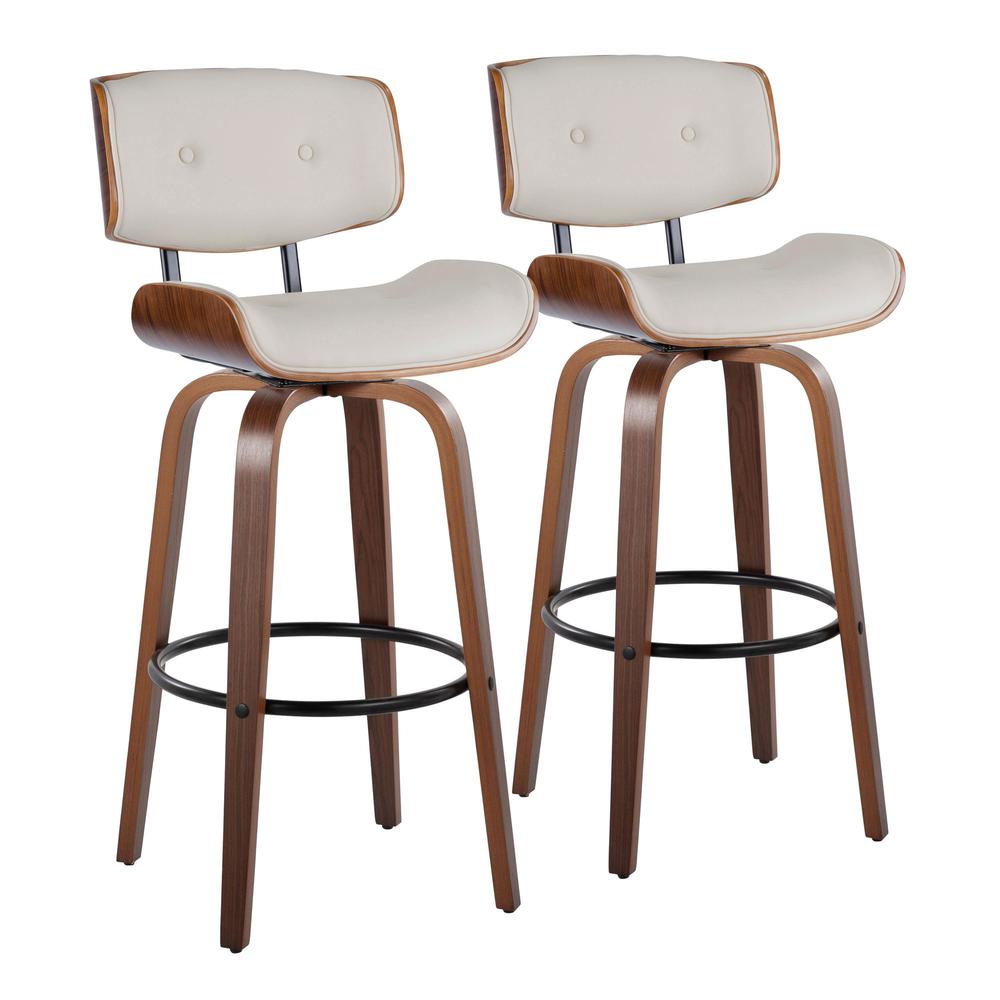 Walnut Wood, Black Metal, Cream PU Lombardi 30" Fixed-Height Barstool - Set of 2. Picture 1