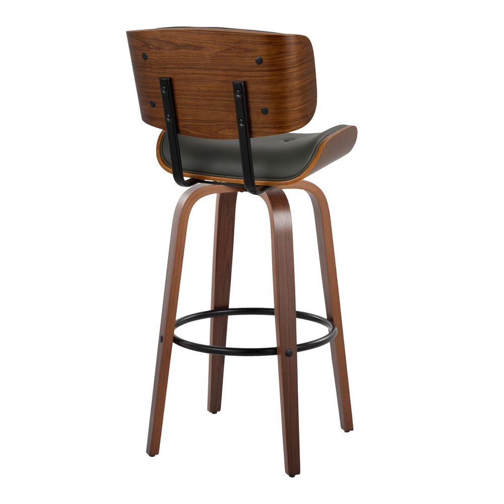Walnut Wood, Black Metal, Grey PU Lombardi 30" Fixed-Height Barstool - Set of 2. Picture 4