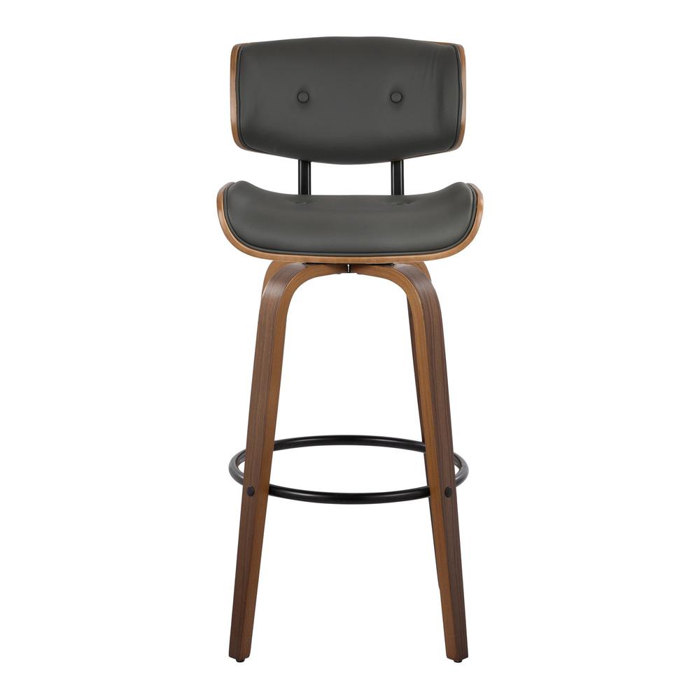 Walnut Wood, Black Metal, Grey PU Lombardi 30" Fixed-Height Barstool - Set of 2. Picture 6