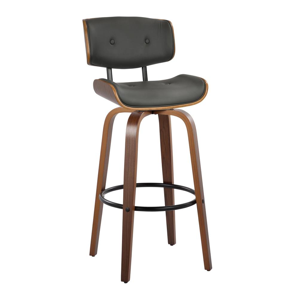 Walnut Wood, Black Metal, Grey PU Lombardi 30" Fixed-Height Barstool - Set of 2. Picture 2