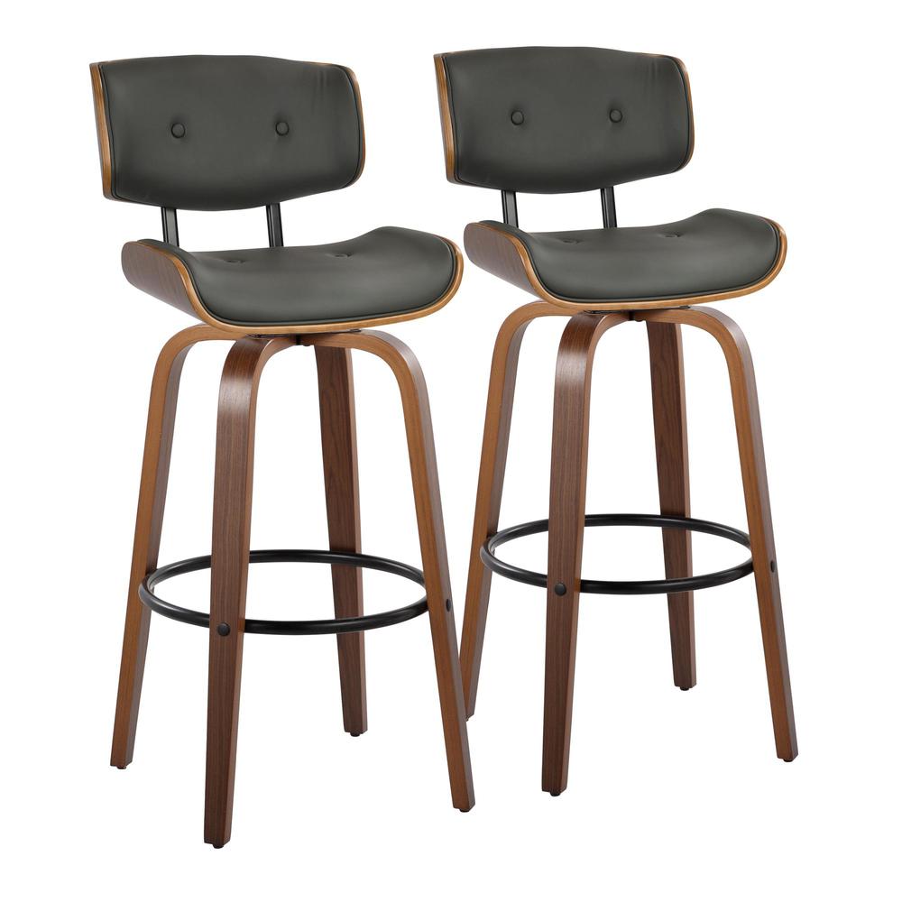 Walnut Wood, Black Metal, Grey PU Lombardi 30" Fixed-Height Barstool - Set of 2. Picture 1