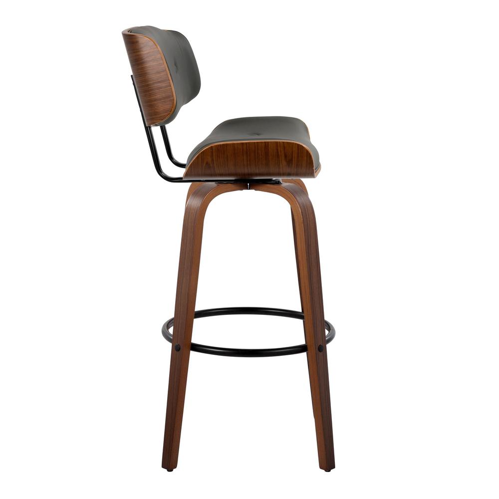 Walnut Wood, Black Metal, Grey PU Lombardi 30" Fixed-Height Barstool - Set of 2. Picture 3