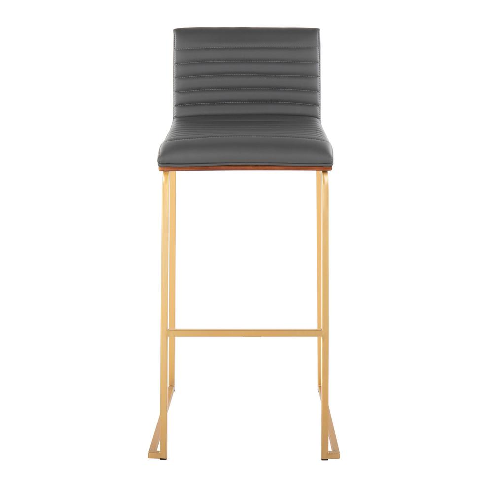 Gold Metal, Walnut Wood, Grey PU Mason Mara 30" Fixed-Height Barstool - Set of 2. Picture 6