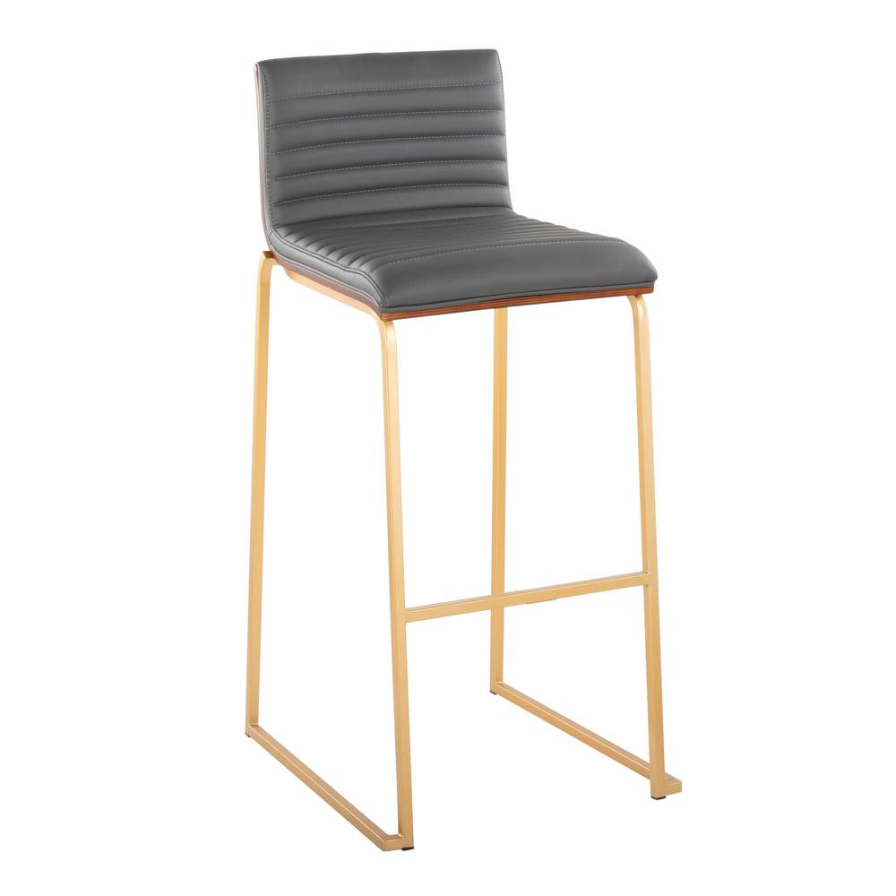 Gold Metal, Walnut Wood, Grey PU Mason Mara 30" Fixed-Height Barstool - Set of 2. Picture 2