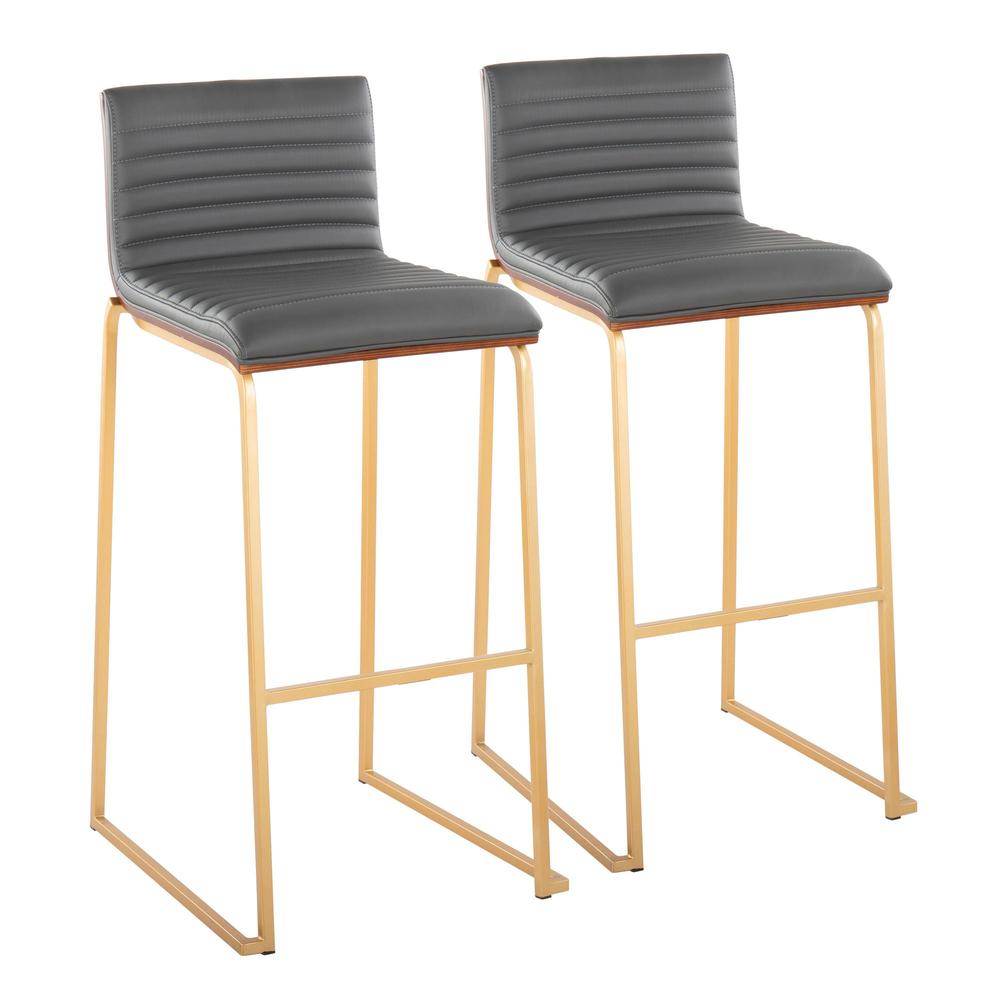 Gold Metal, Walnut Wood, Grey PU Mason Mara 30" Fixed-Height Barstool - Set of 2. Picture 1