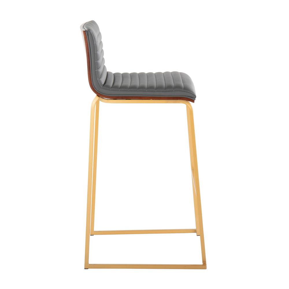 Gold Metal, Walnut Wood, Grey PU Mason Mara 30" Fixed-Height Barstool - Set of 2. Picture 3