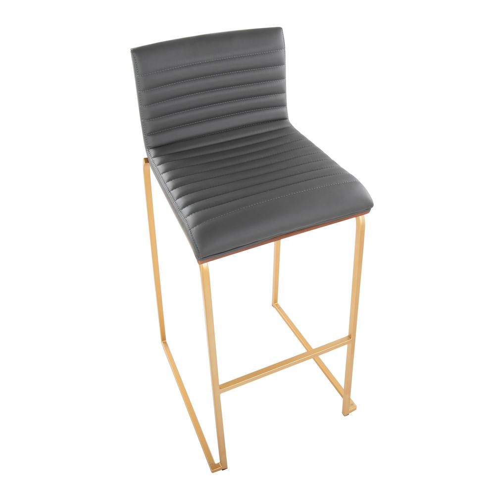Gold Metal, Walnut Wood, Grey PU Mason Mara 30" Fixed-Height Barstool - Set of 2. Picture 7