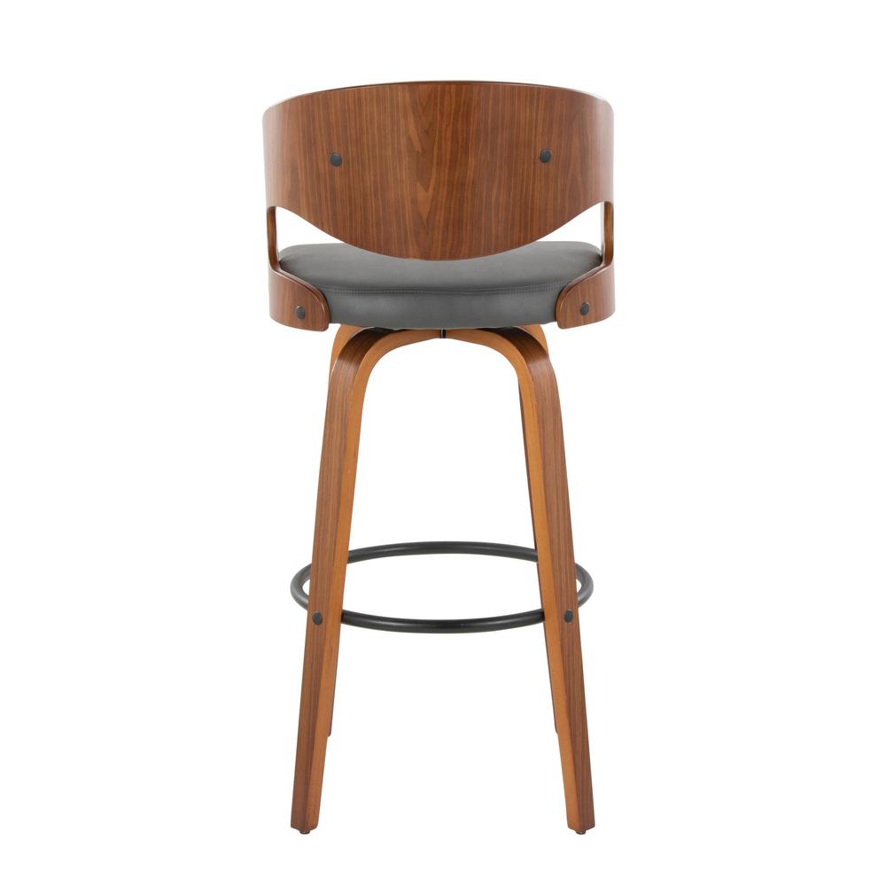 Walnut Wood, Grey PU, Black Metal Pino 30" Fixed-Height Barstool - Set of 2. Picture 5