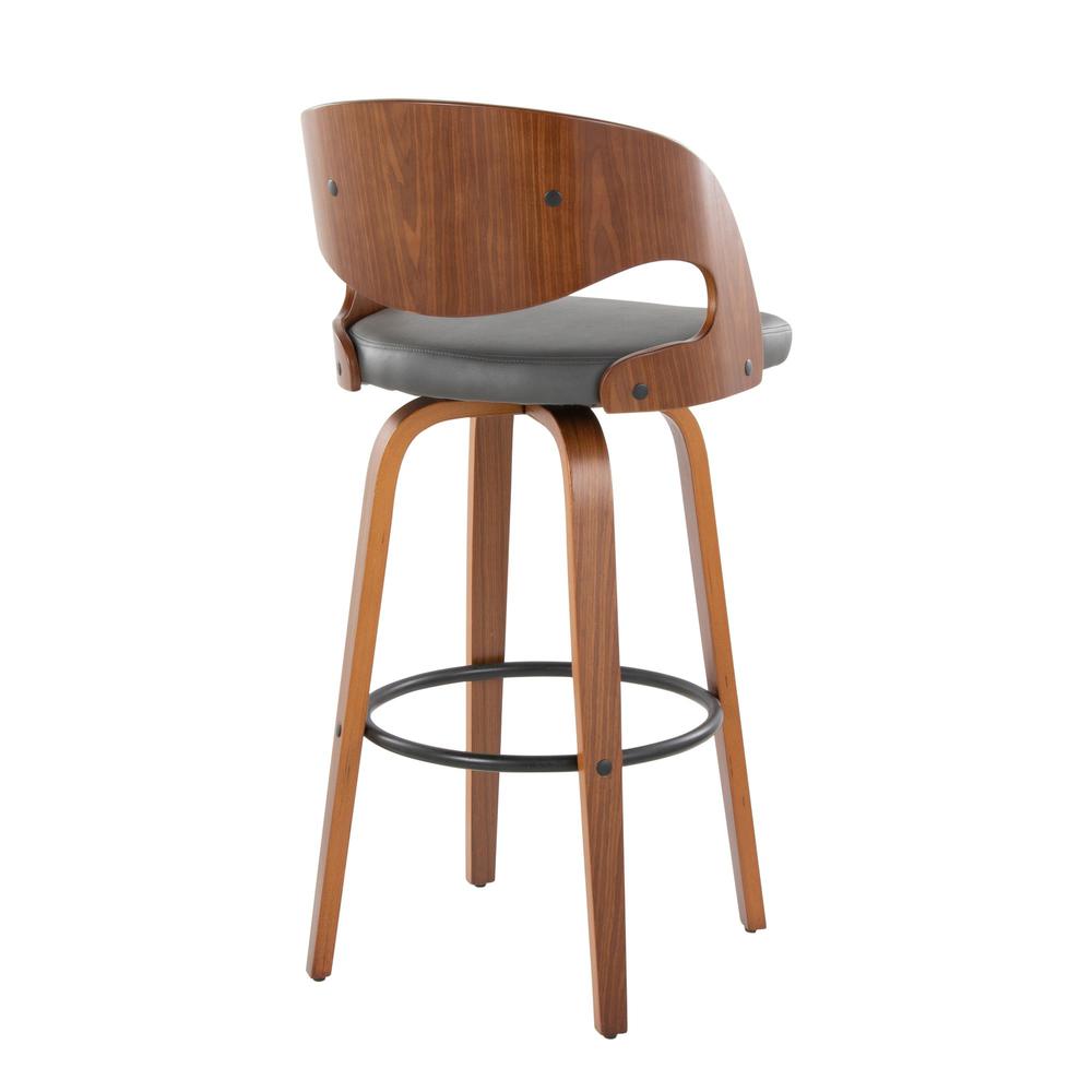Walnut Wood, Grey PU, Black Metal Pino 30" Fixed-Height Barstool - Set of 2. Picture 4