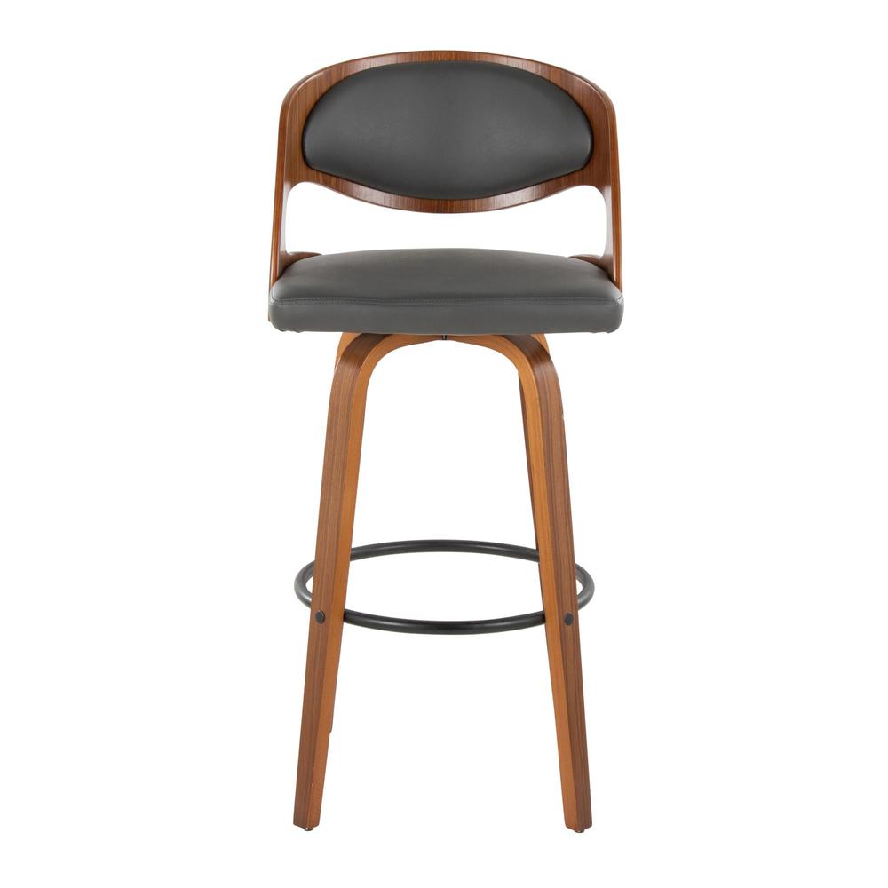 Walnut Wood, Grey PU, Black Metal Pino 30" Fixed-Height Barstool - Set of 2. Picture 6