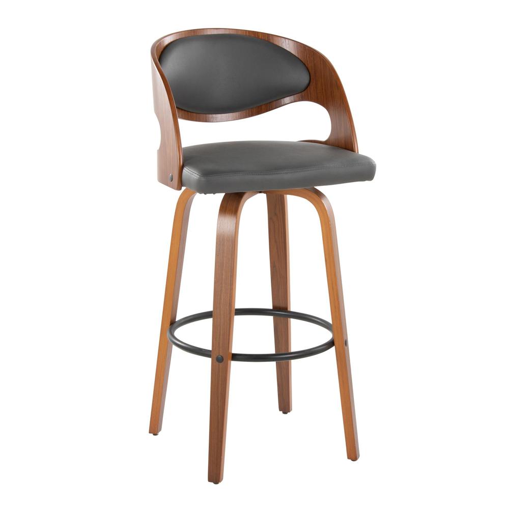 Walnut Wood, Grey PU, Black Metal Pino 30" Fixed-Height Barstool - Set of 2. Picture 2