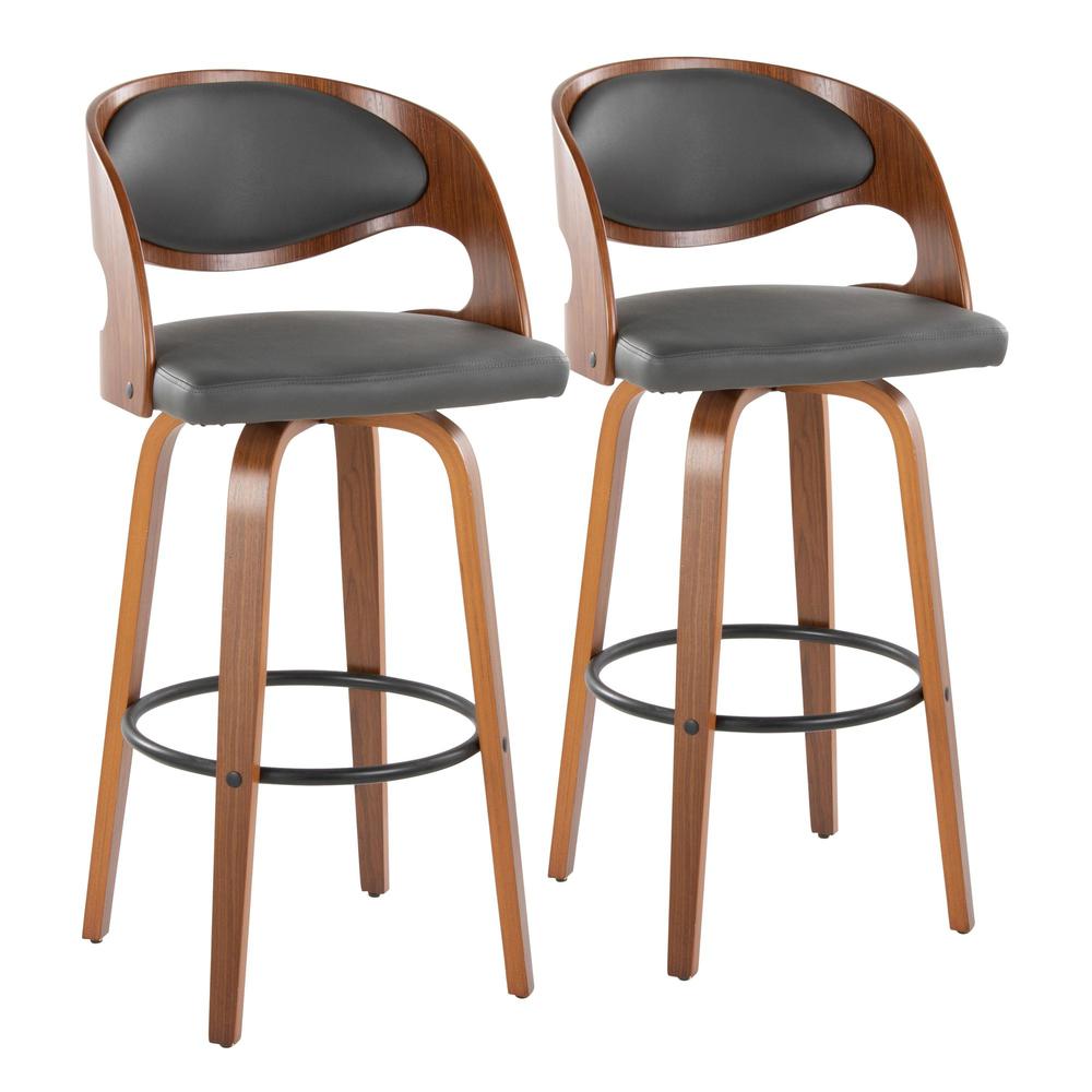 Walnut Wood, Grey PU, Black Metal Pino 30" Fixed-Height Barstool - Set of 2. Picture 1