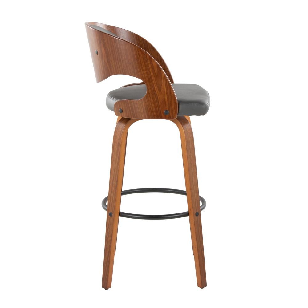 Walnut Wood, Grey PU, Black Metal Pino 30" Fixed-Height Barstool - Set of 2. Picture 3