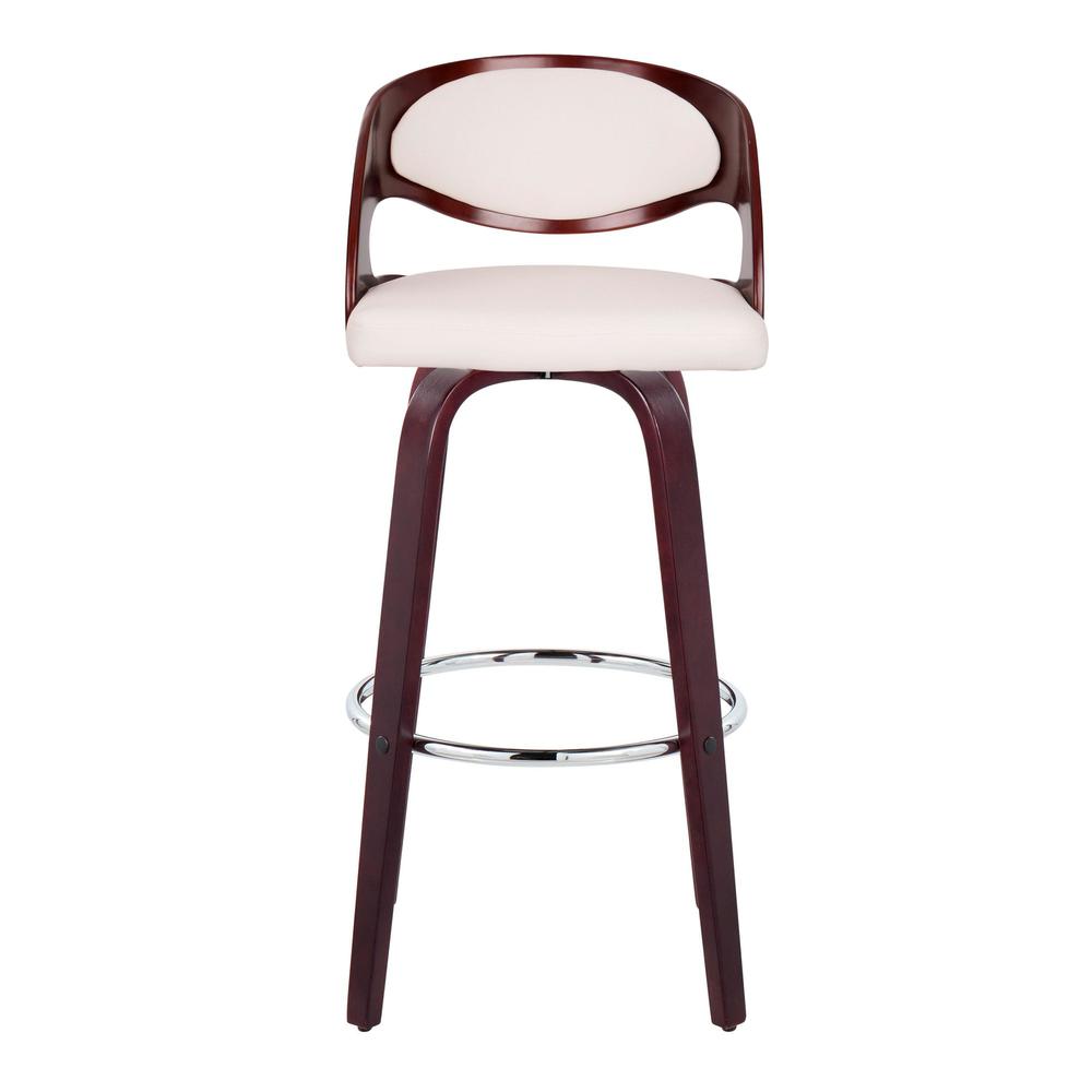 Cherry Wood, White PU, Chrome Metal Pino 30" Fixed-Height Barstool - Set of 2. Picture 6