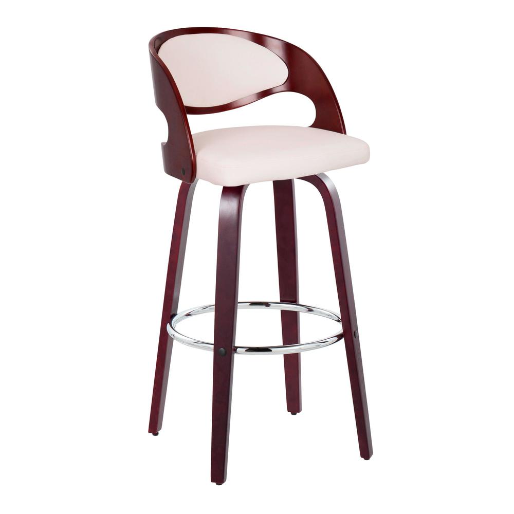Cherry Wood, White PU, Chrome Metal Pino 30" Fixed-Height Barstool - Set of 2. Picture 2