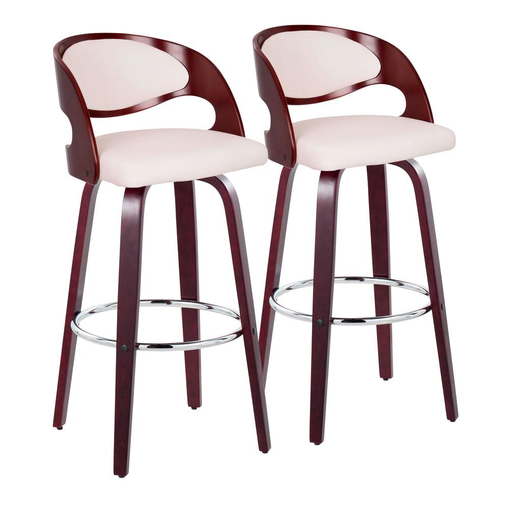 Cherry Wood, White PU, Chrome Metal Pino 30" Fixed-Height Barstool - Set of 2. Picture 1