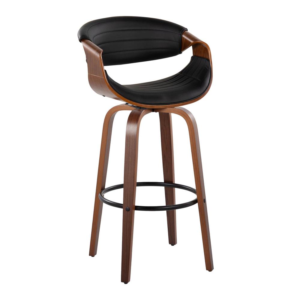 Black Metal, Walnut Wood, Black PU Symphony 30" Fixed-Height Barstool - Set of 2. Picture 2