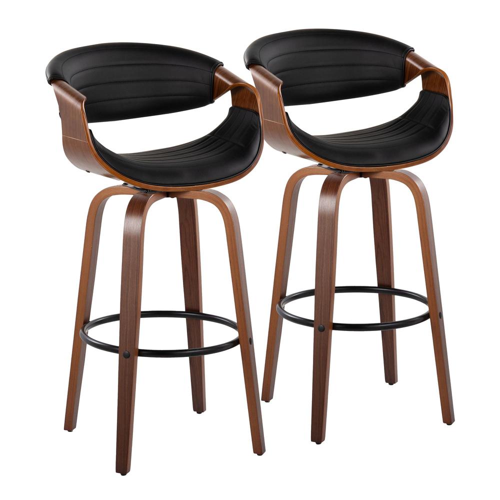 Black Metal, Walnut Wood, Black PU Symphony 30" Fixed-Height Barstool - Set of 2. Picture 1