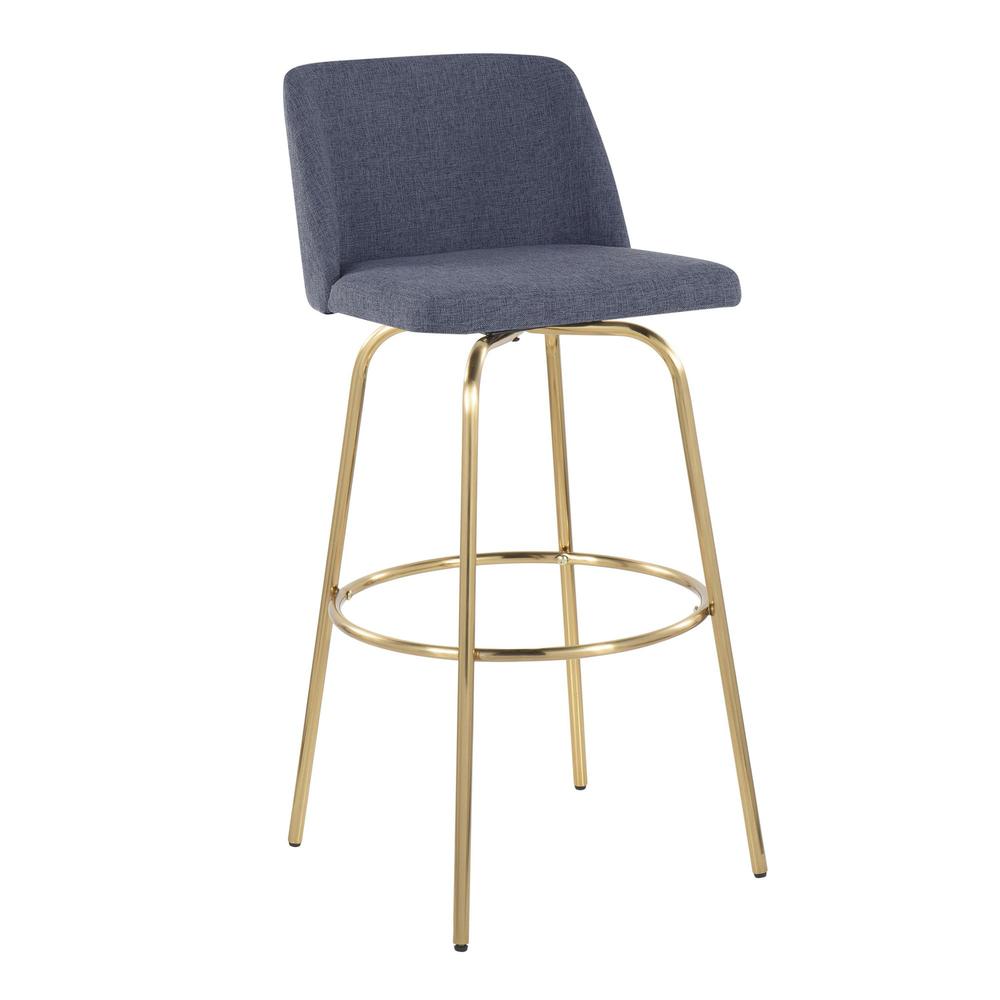 Blue Fabric, Gold Metal Toriano 30" Fixed-Height Barstool - Set of 2. Picture 2