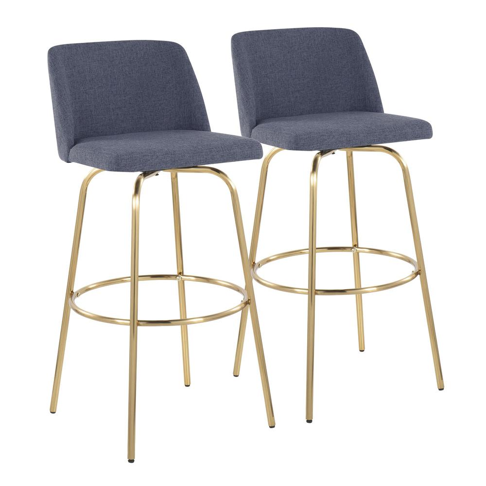Blue Fabric, Gold Metal Toriano 30" Fixed-Height Barstool - Set of 2. Picture 1