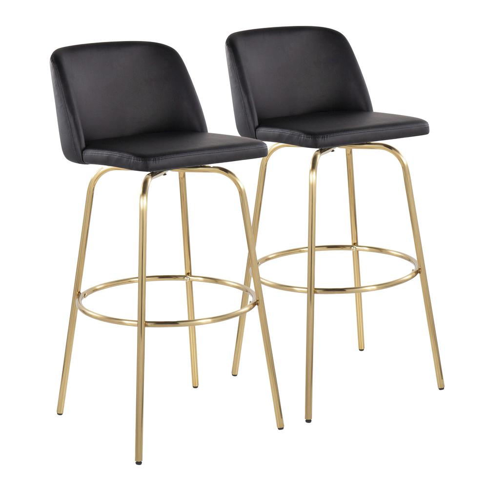 Black PU, Gold Metal Toriano 30" Fixed-Height Barstool - Set of 2. Picture 1