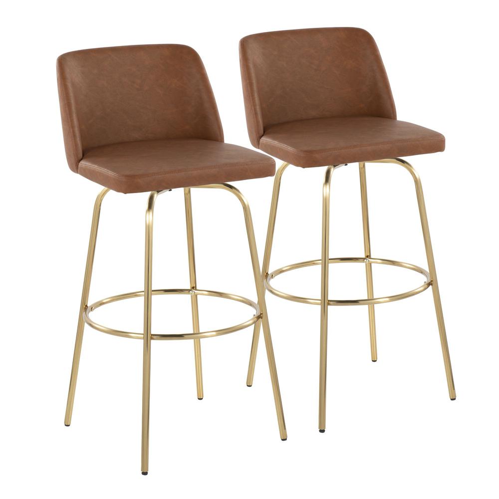 Camel PU, Gold Metal Toriano 30" Fixed-Height Barstool - Set of 2. Picture 1
