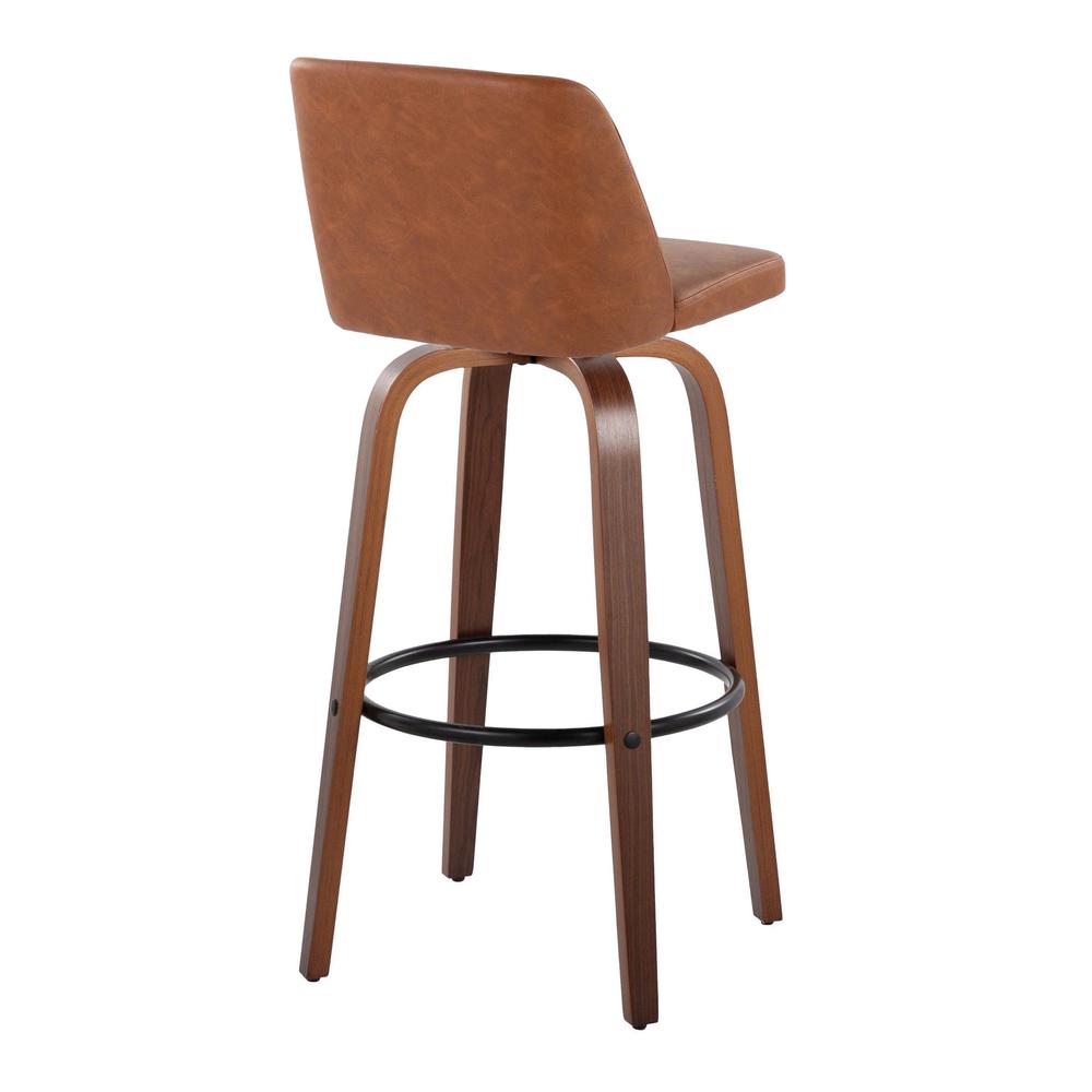 Walnut Wood, Camel PU, Black Metal Toriano 30" Fixed-Height Barstool - Set of 2. Picture 4