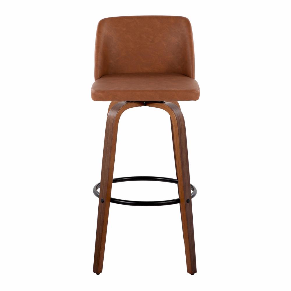 Walnut Wood, Camel PU, Black Metal Toriano 30" Fixed-Height Barstool - Set of 2. Picture 6