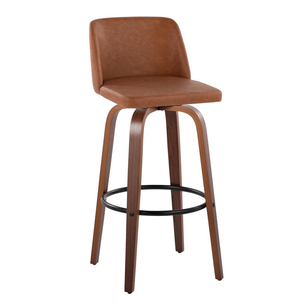 Walnut Wood, Camel PU, Black Metal Toriano 30" Fixed-Height Barstool - Set of 2. Picture 2