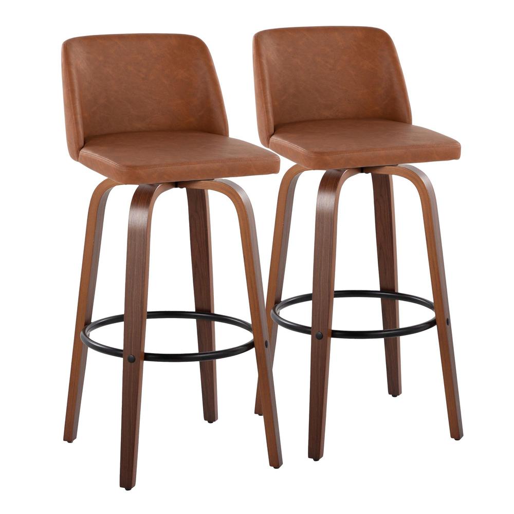 Walnut Wood, Camel PU, Black Metal Toriano 30" Fixed-Height Barstool - Set of 2. Picture 1