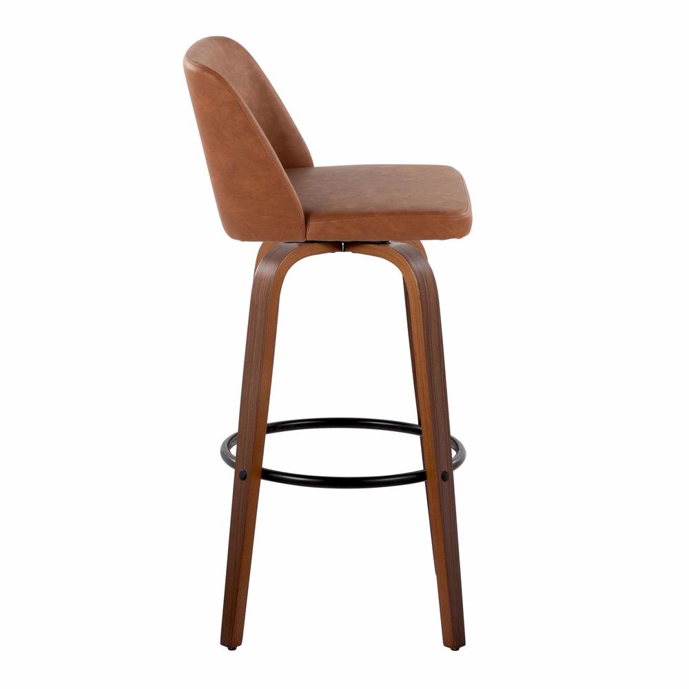 Walnut Wood, Camel PU, Black Metal Toriano 30" Fixed-Height Barstool - Set of 2. Picture 3