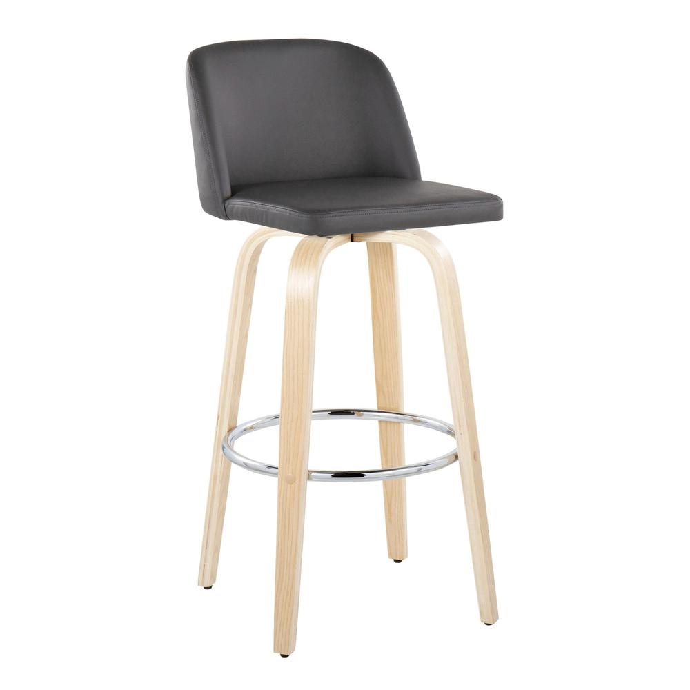Natural Wood, Grey PU, Chrome Metal Toriano 30" Fixed-Height Barstool - Set of 2. Picture 2