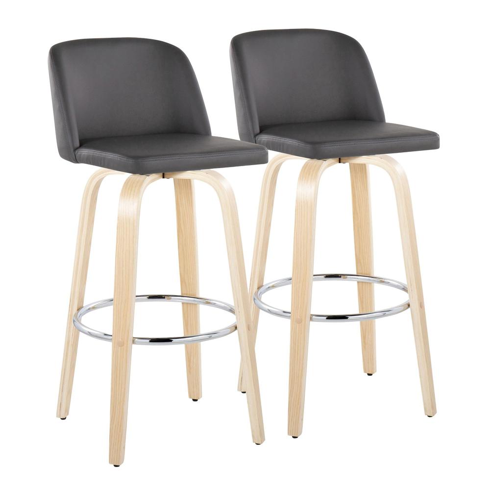 Natural Wood, Grey PU, Chrome Metal Toriano 30" Fixed-Height Barstool - Set of 2. Picture 1