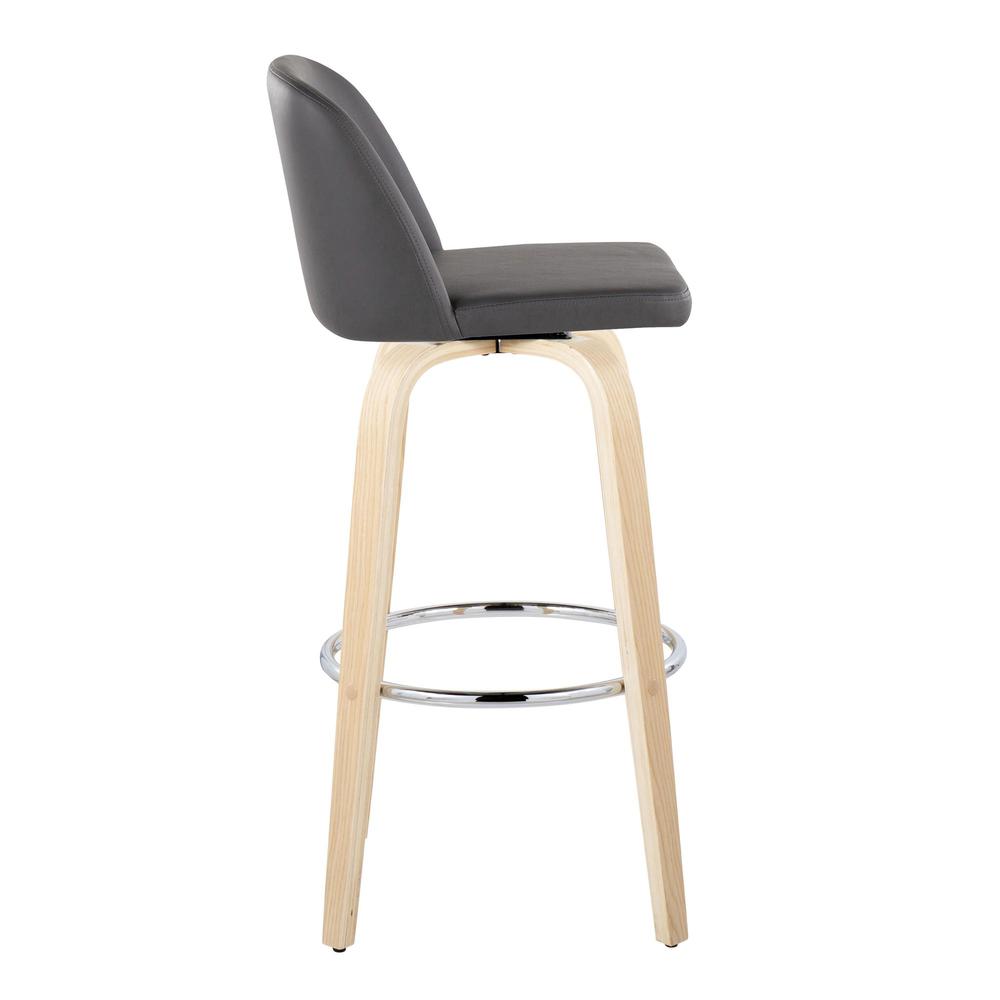Natural Wood, Grey PU, Chrome Metal Toriano 30" Fixed-Height Barstool - Set of 2. Picture 3