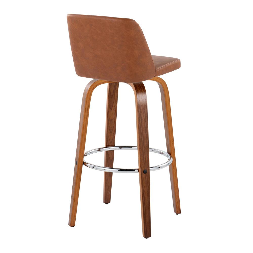 Walnut Wood, Camel PU, Chrome Metal Toriano 30" Fixed-Height Barstool - Set of 2. Picture 4