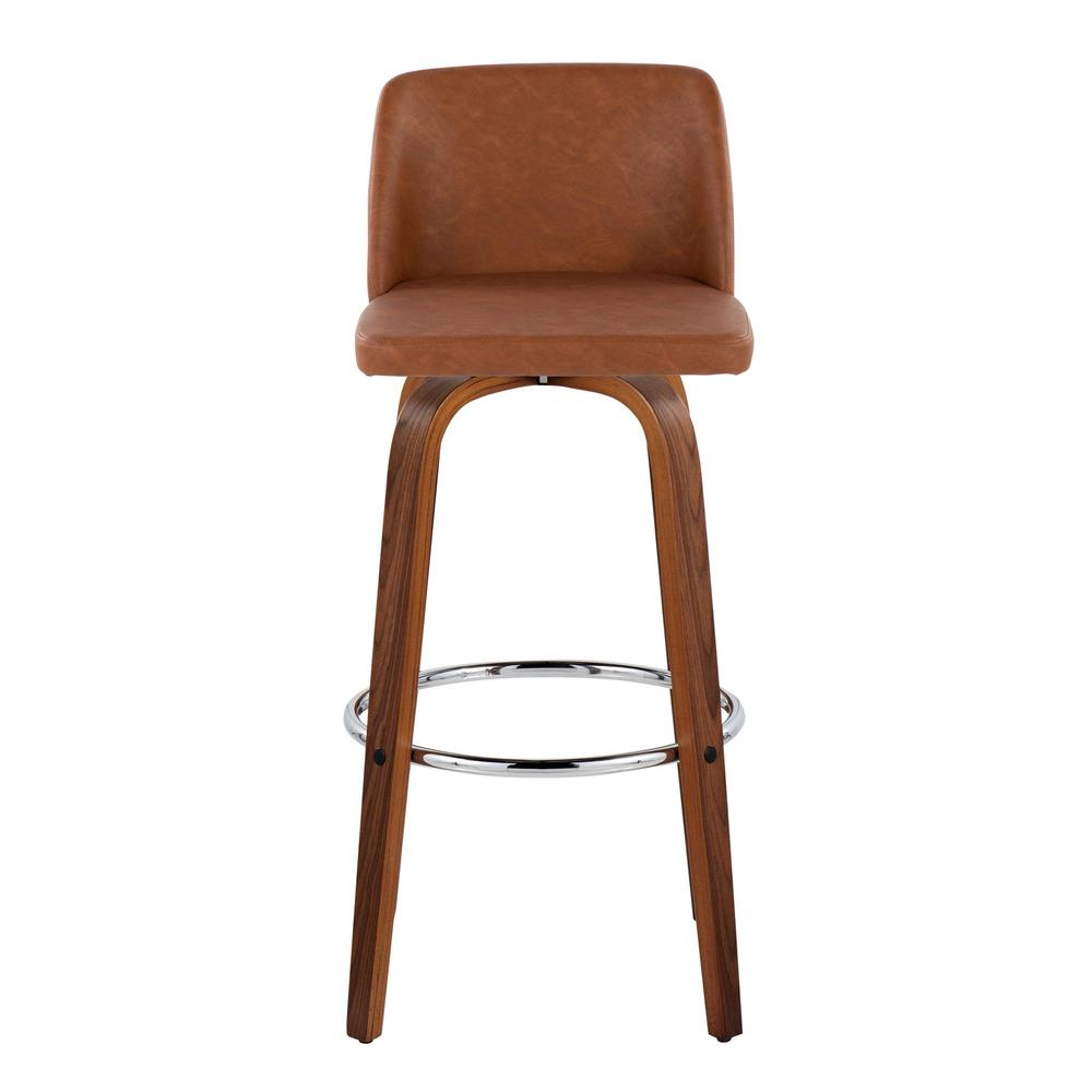 Walnut Wood, Camel PU, Chrome Metal Toriano 30" Fixed-Height Barstool - Set of 2. Picture 6